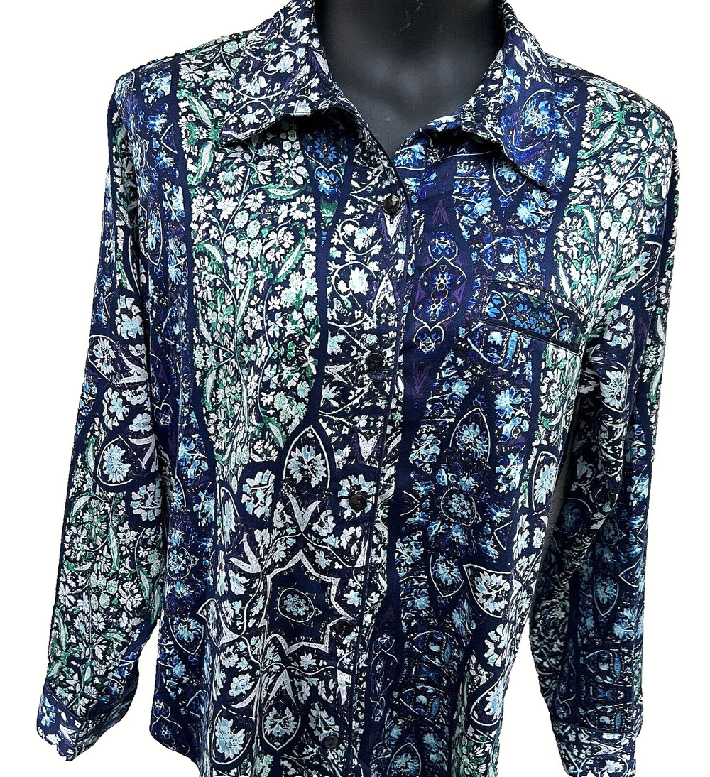 Victoria's Secret - Blue Green White Satin Button Up Sleep Pajama Shirt M - Picture 7 of 14